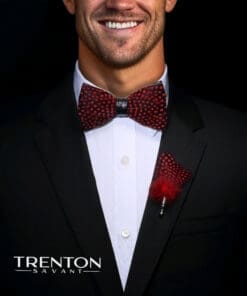 Cimson Dot Dance - Red & Black Polkadot Feather Bow Tie & Pin