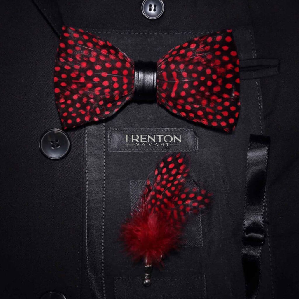 Cimson Dot Dance - Red & Black Polkadot Feather Bow Tie & Pin