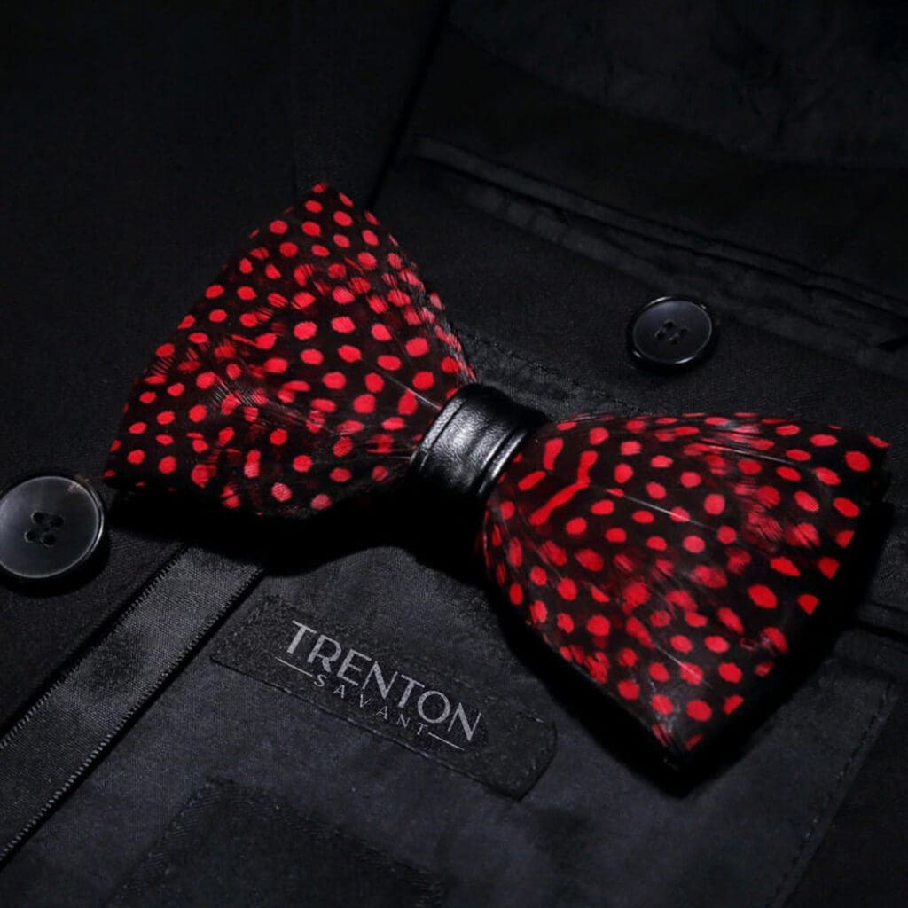 Cimson Dot Dance - Red & Black Polkadot Feather Bow Tie & Pin