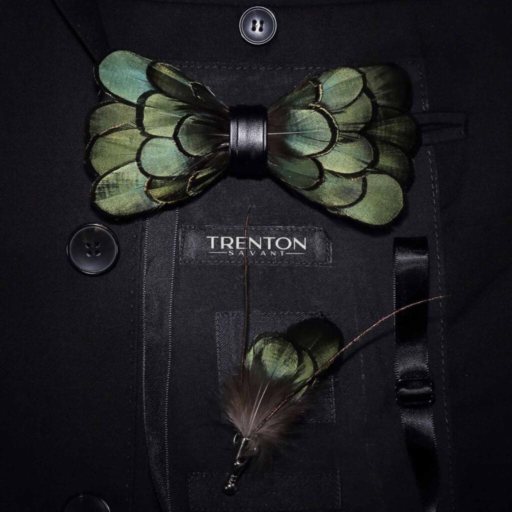 Emerald Noir Feather Bow Tie and Pin