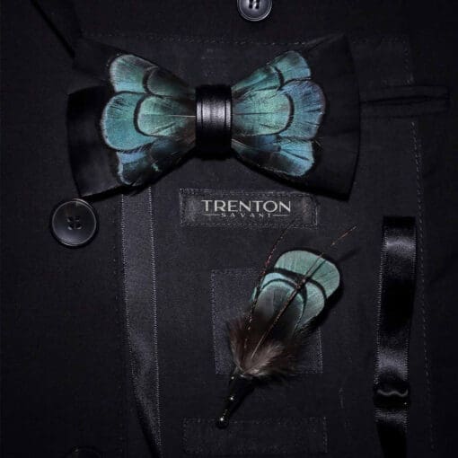 Emerald Twilight: Black & Green Feather Bow Tie & Pin