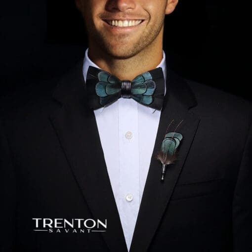 Emerald Twilight: Black & Green Feather Bow Tie & Pin