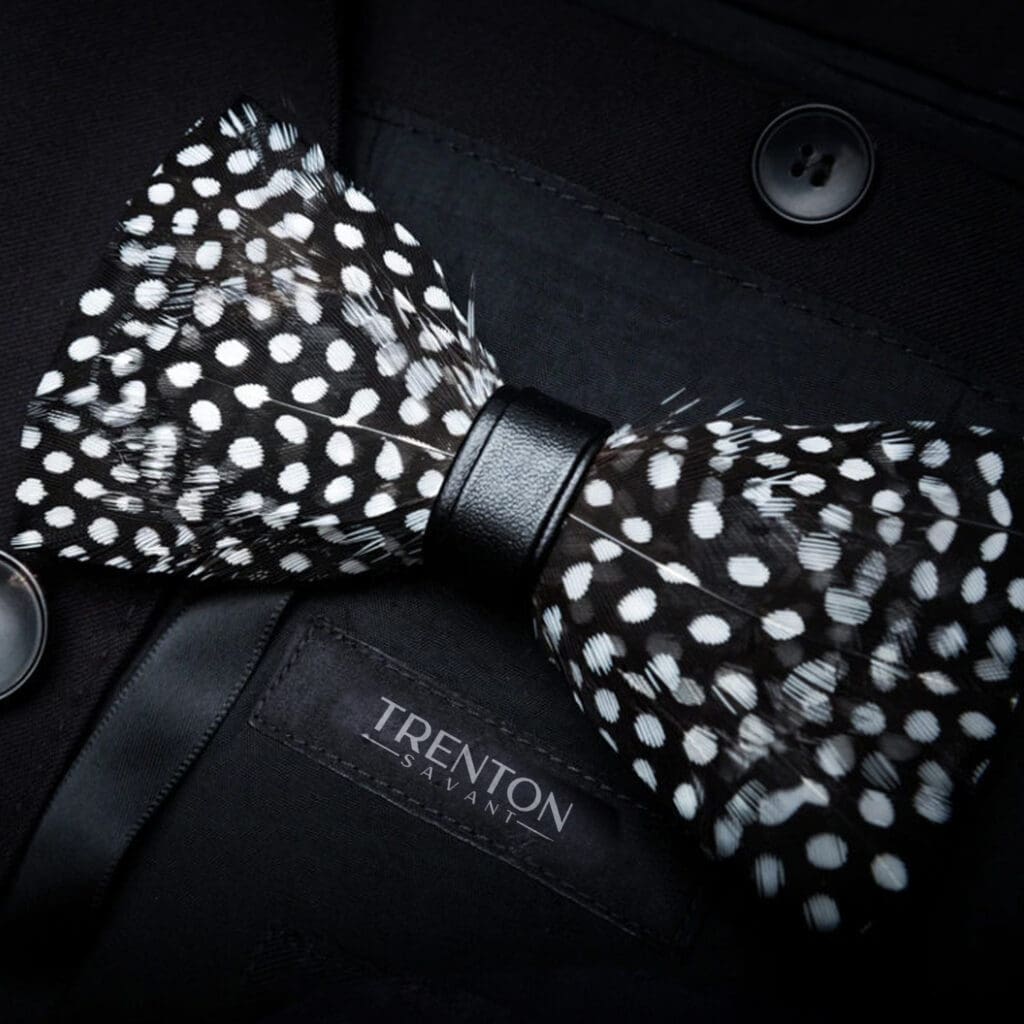 Monochrome Mystique – The Visionary Black and White Feather Bow Tie and Pin Ensemble