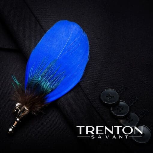 The Aristocrat's Charm - Oxford Blue Feather Bow Tie & Pin with Peacock Center