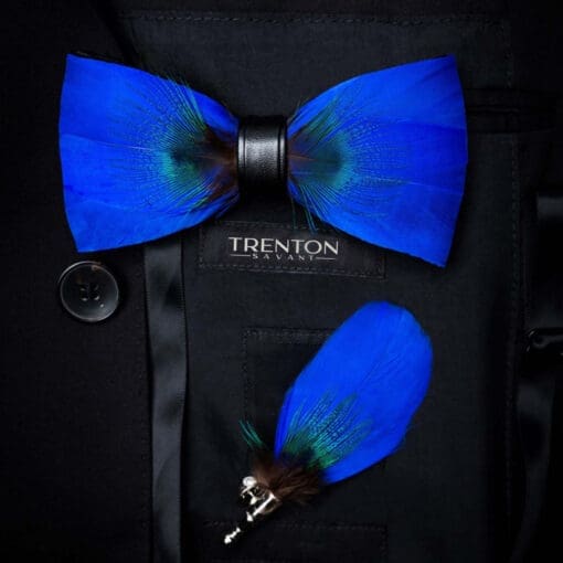 The Aristocrat's Charm - Oxford Blue Feather Bow Tie & Pin with Peacock Center