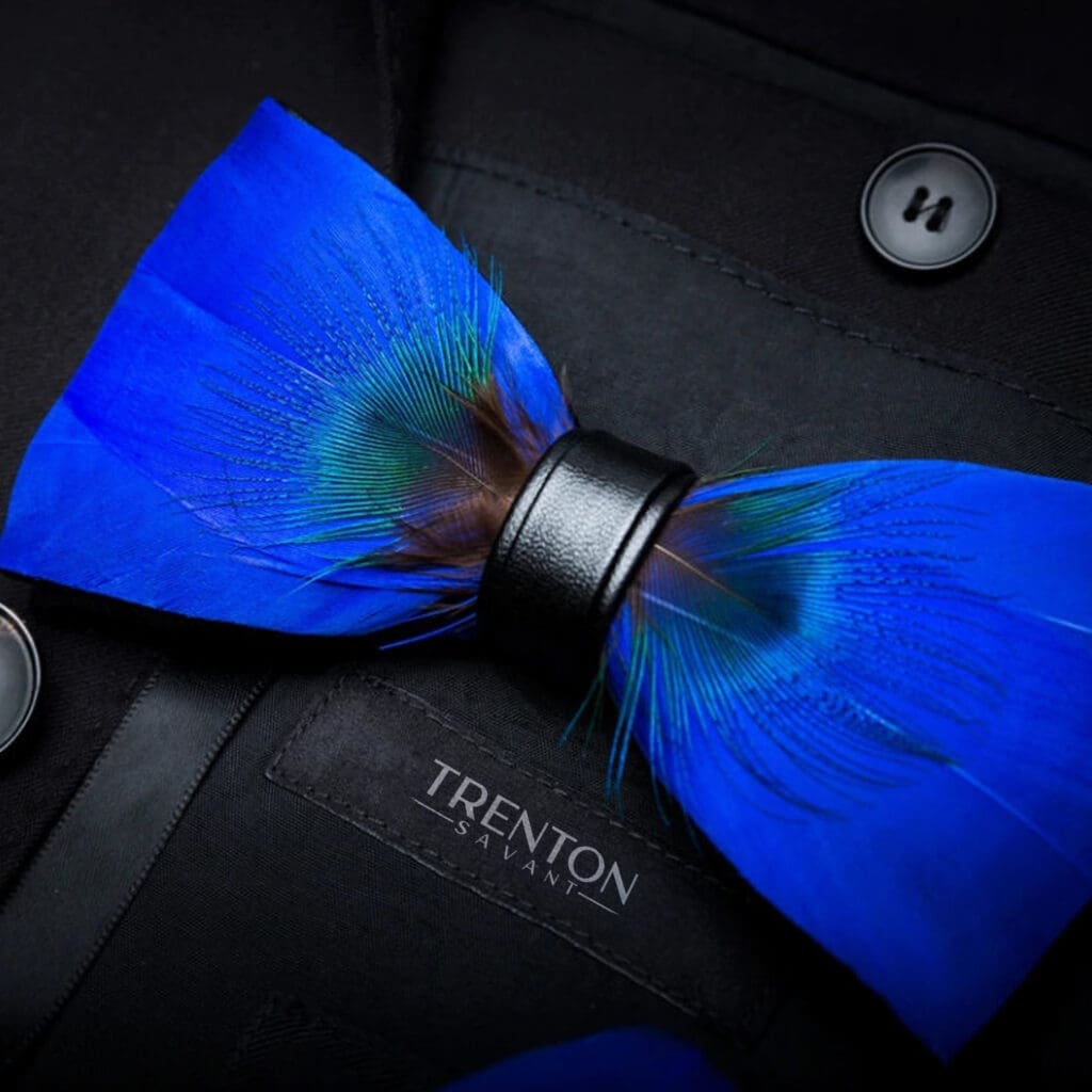 The Aristocrat's Charm - Oxford Blue Feather Bow Tie & Pin with Peacock Center