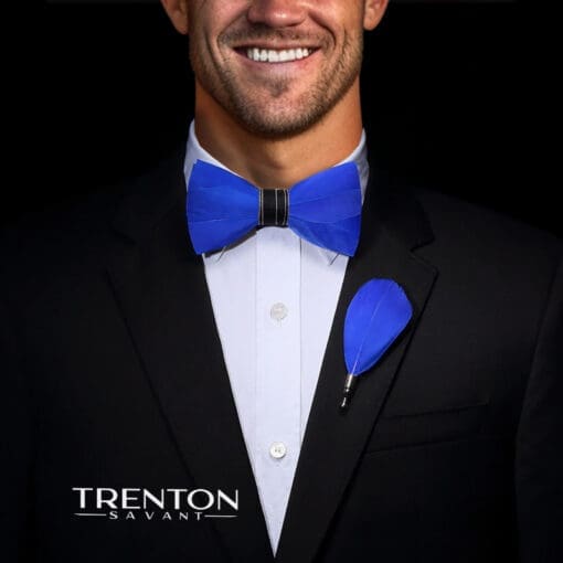 The Azure Allure Blue Feather Bowtie and Pin Ensemble