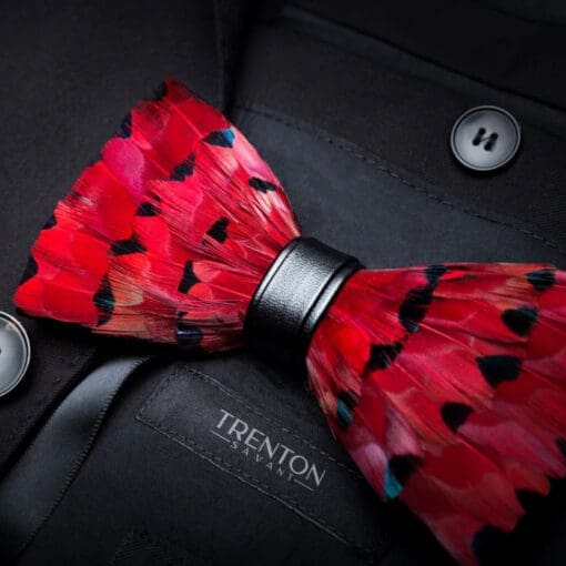 The Crimson Aviator: Red Finch Feather Bow Tie & Pin