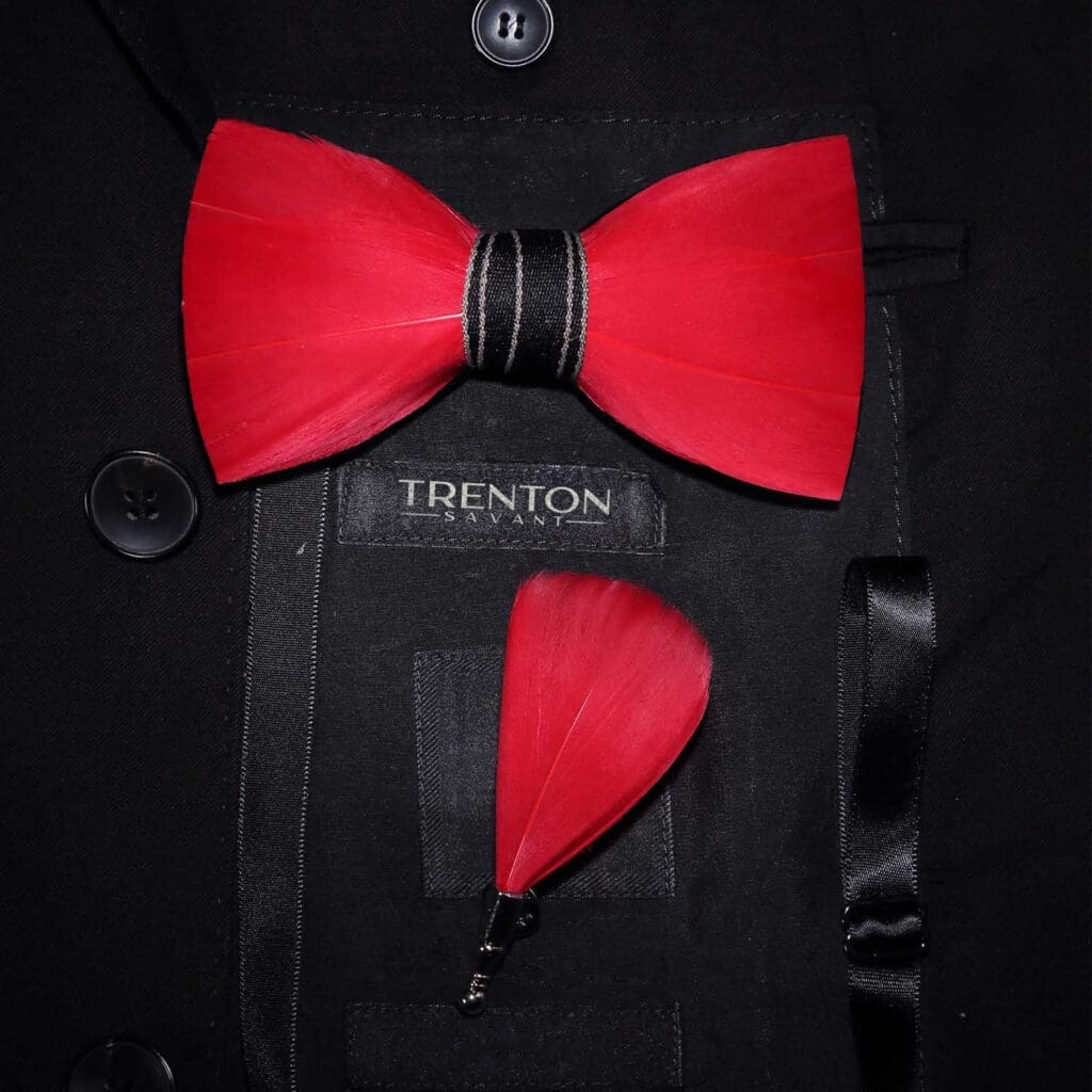 The Crimson Charisma Red Feather Bowtie and Pin Ensemble