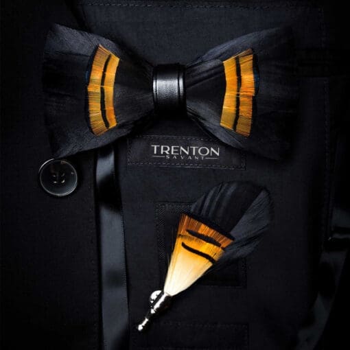 The Nightfall Tango Black and Orange Striped Feather Bow Tie & Pin