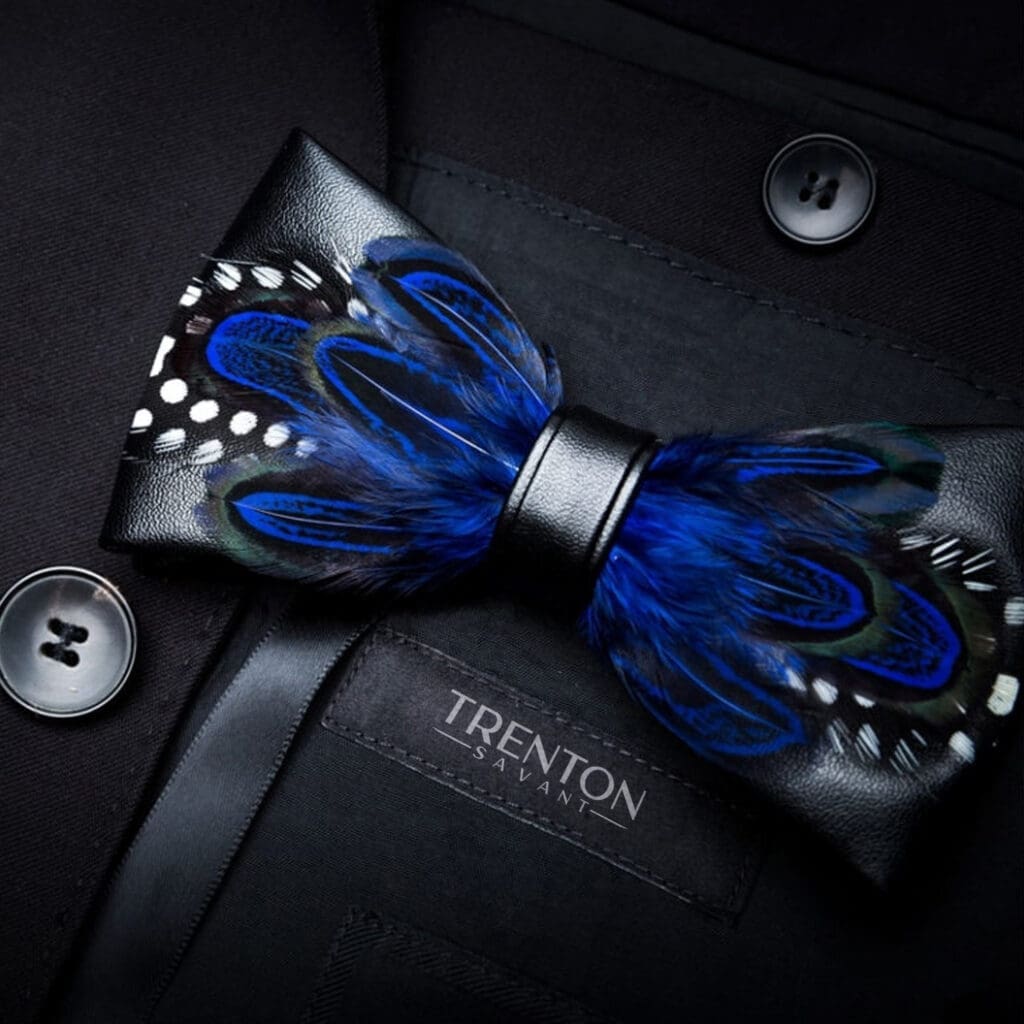 The Ocean Gala - Deep Blue with Green and Polka-Dotted Trim Feather Bow Tie & Pin