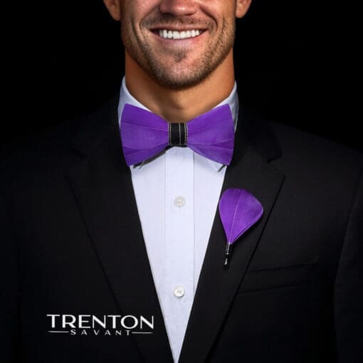 The Royal Plumage Purple Feather Bowtie and Pin Ensemble