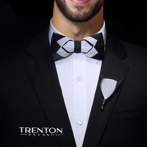 Tuxedo Twilight Black & White Feather Bow Tie and Pin