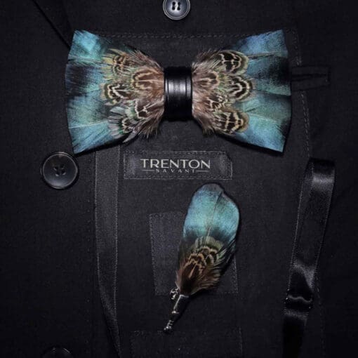 Verdant Vintage - The Timeless Blue Green & Brown Feather Bow Tie & Pin Set