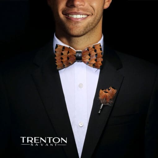 Whispering Woods: Brown & Black Tipped Feather Bow Tie & Pin